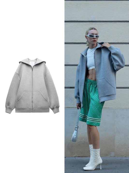 Veste à Capuche Femme Gris Clair – Coupe Longue Automne/Hiver – Zippée avec Poches